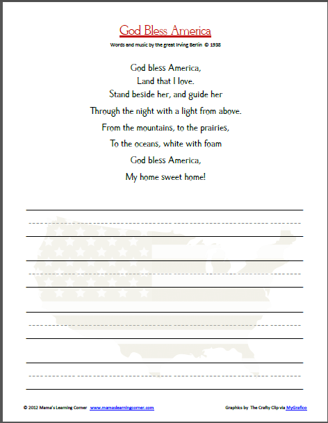 Copywork: God Bless America Lyrics - Mamas Learning Corner