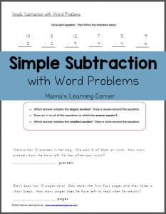 Simple Subtraction with Word Problems Worksheet - Mamas Learning Corner