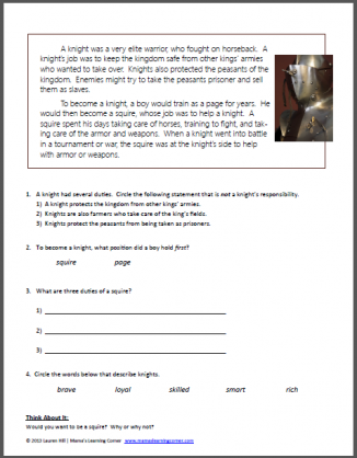 Knight Worksheet Packet for 1st-3rd graders - Mamas Learning Corner