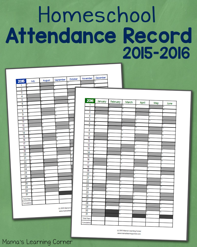 Homeschool Attendance Record 2015 2016 Free Printable Mamas Learning Corner