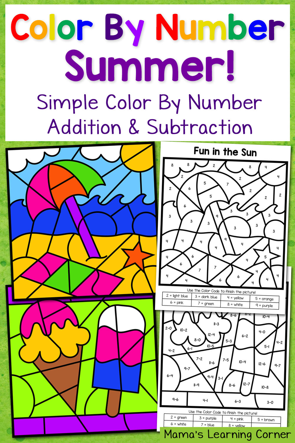 Summer Color By Number Worksheets with Simple Numbers Plus ...