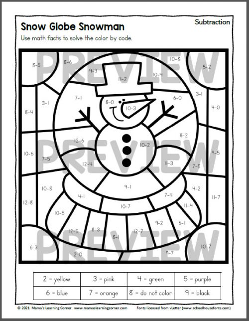 Winter Color by Addition and Subtraction Worksheets - Mamas Learning Corner