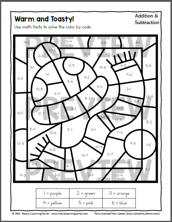 Winter Color By Addition And Subtraction Worksheets Mamas Learning Corner