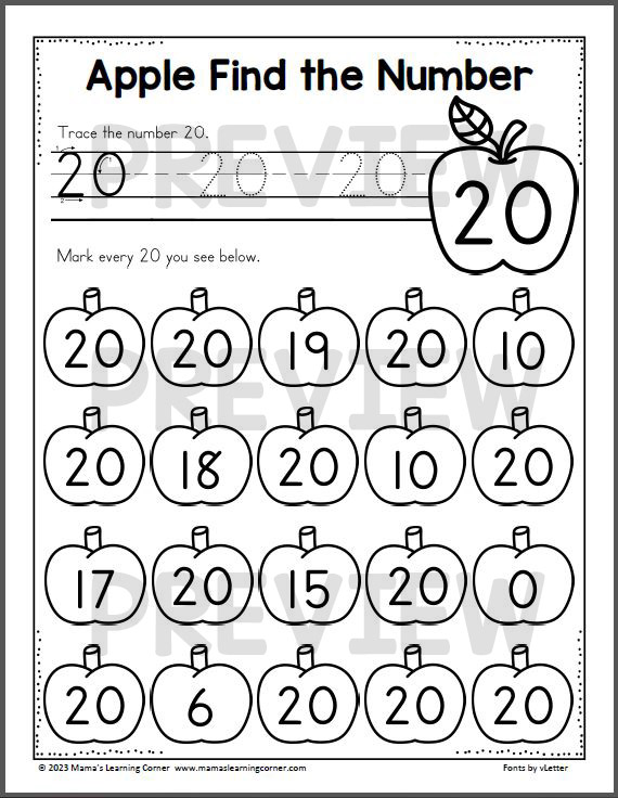 Apple Find the Number Worksheets 0 to 20 - Mamas Learning Corner