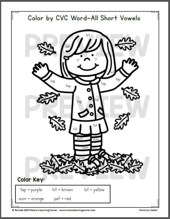 Fall Color By CVC Word Worksheets - Mamas Learning Corner